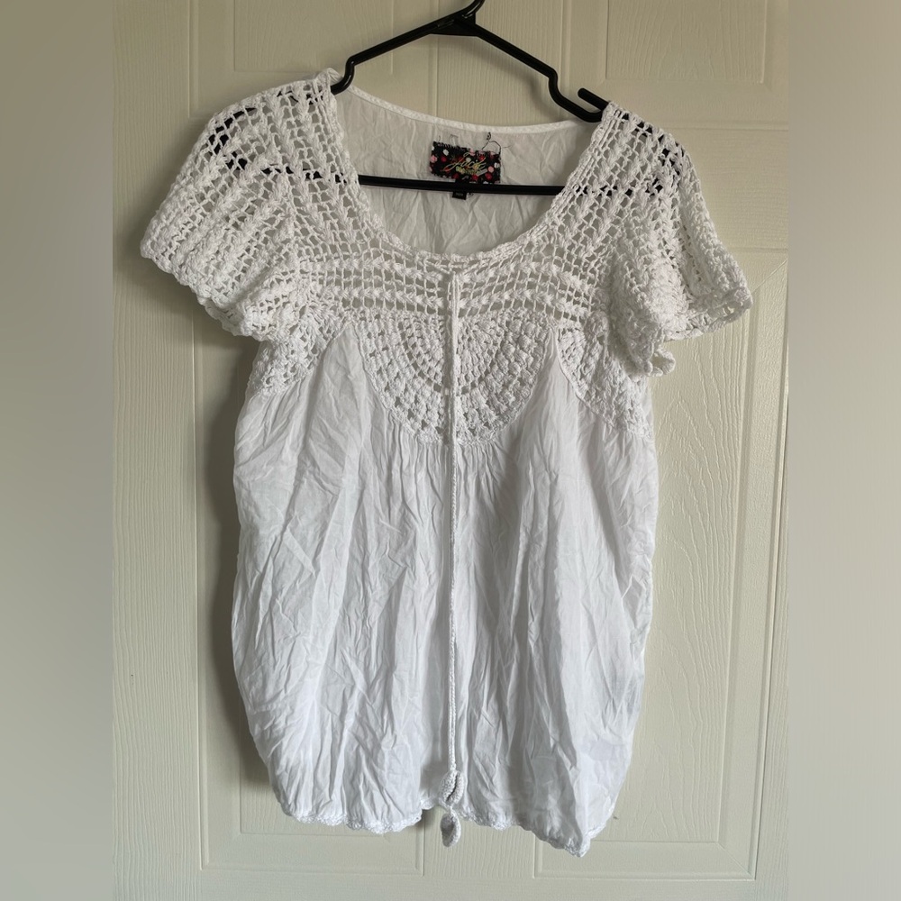 Jack by BB Dakota Crochet Yoke Peasant Blouse White Cotton Sz S
